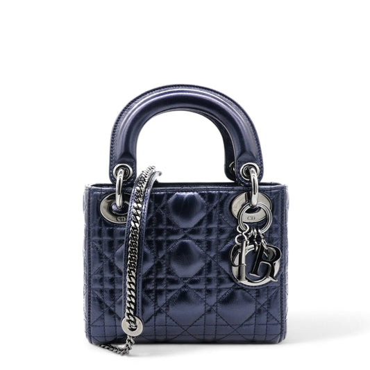 Dior Metallic Lambskin Cannage Mini Lady Dior Dew Bleu
