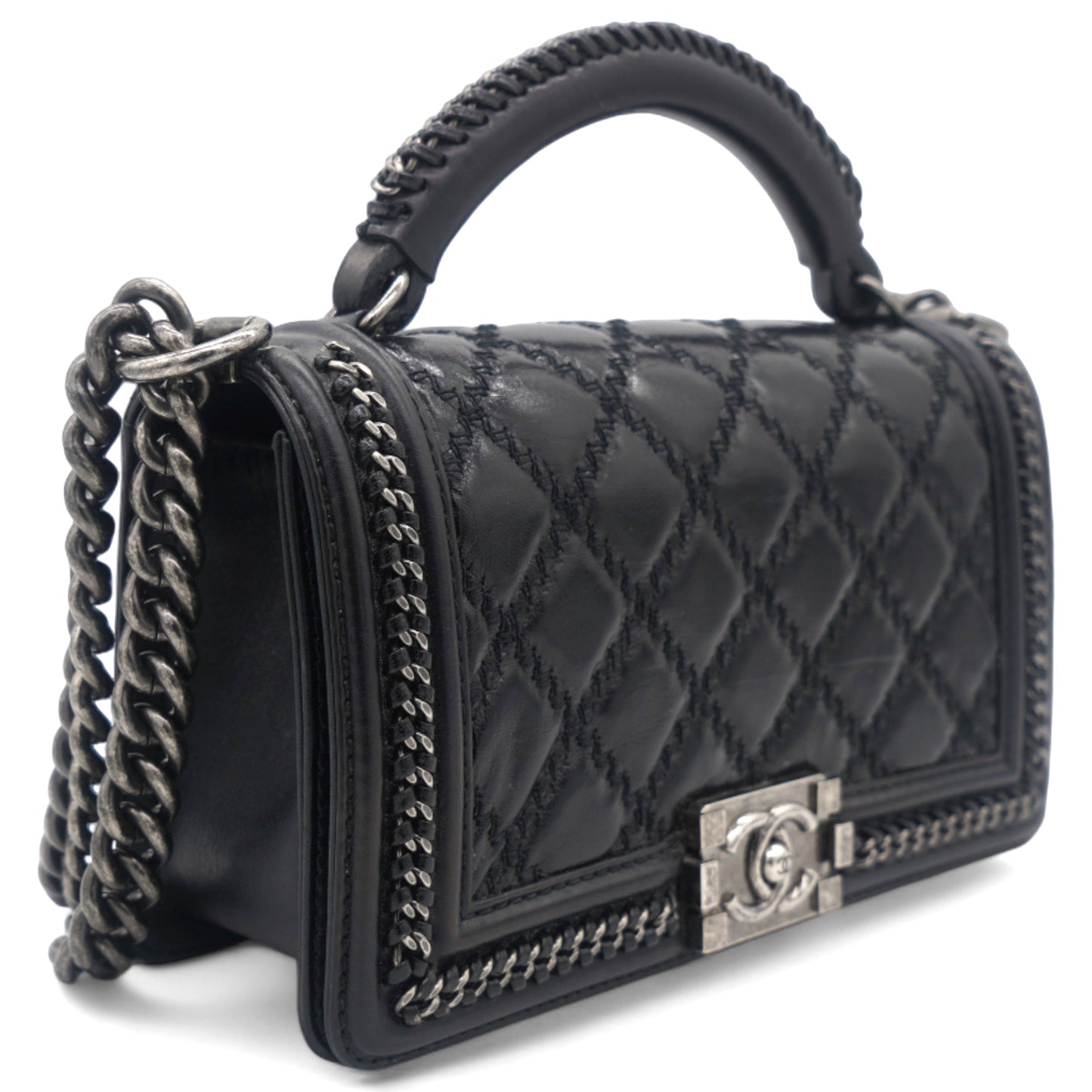 Chanel Boy Top Handle Quilted Chain Medium Black