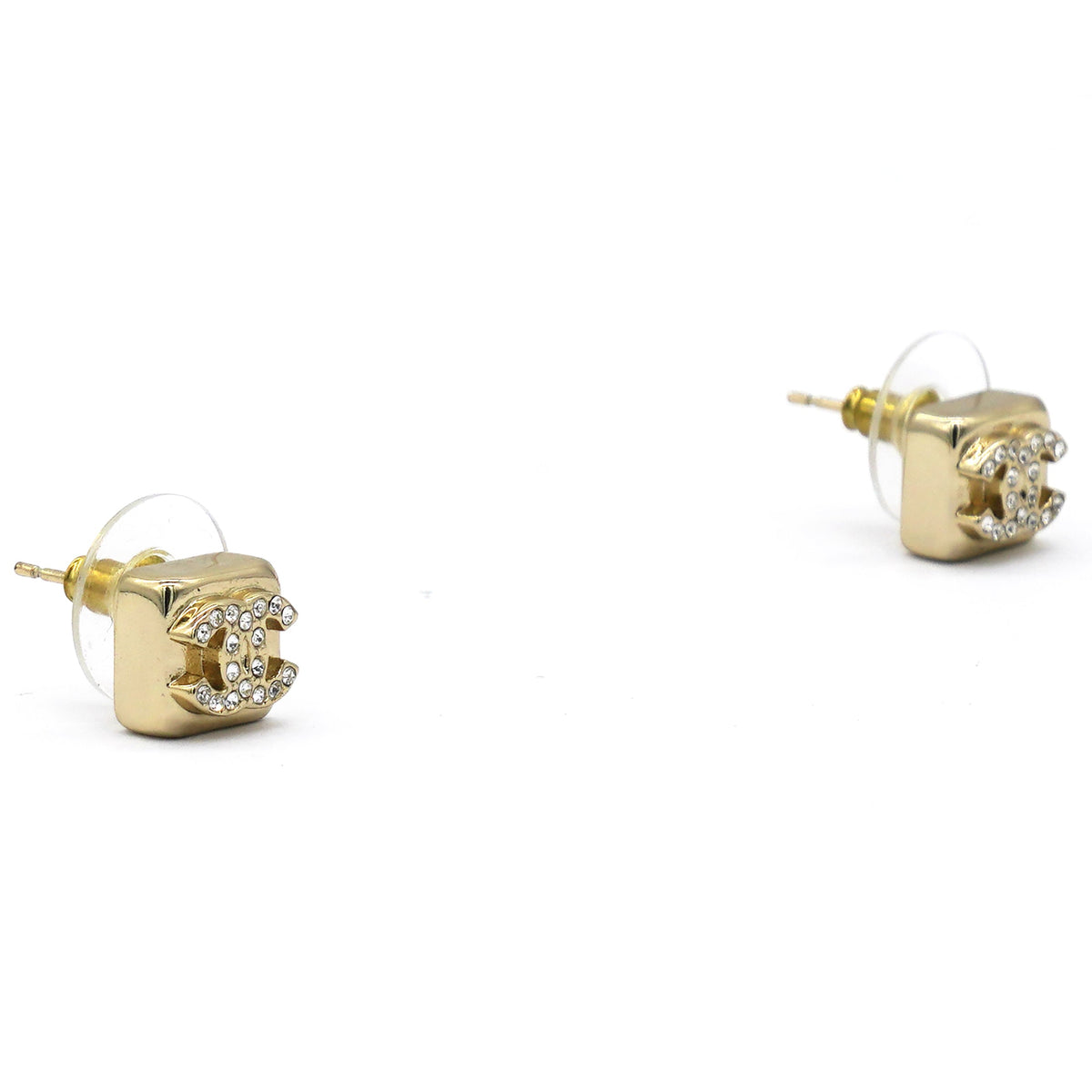 Chanel Square Rhinestone Gold CC Logo Earrings