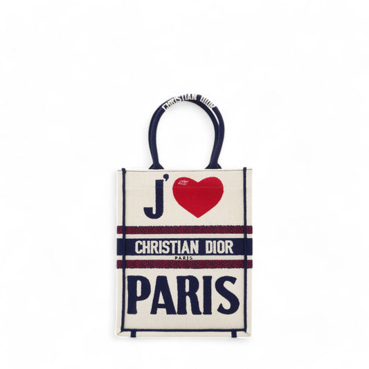Dior Canvas Embroidered I Love Paris Vertical Book Tote White Mini