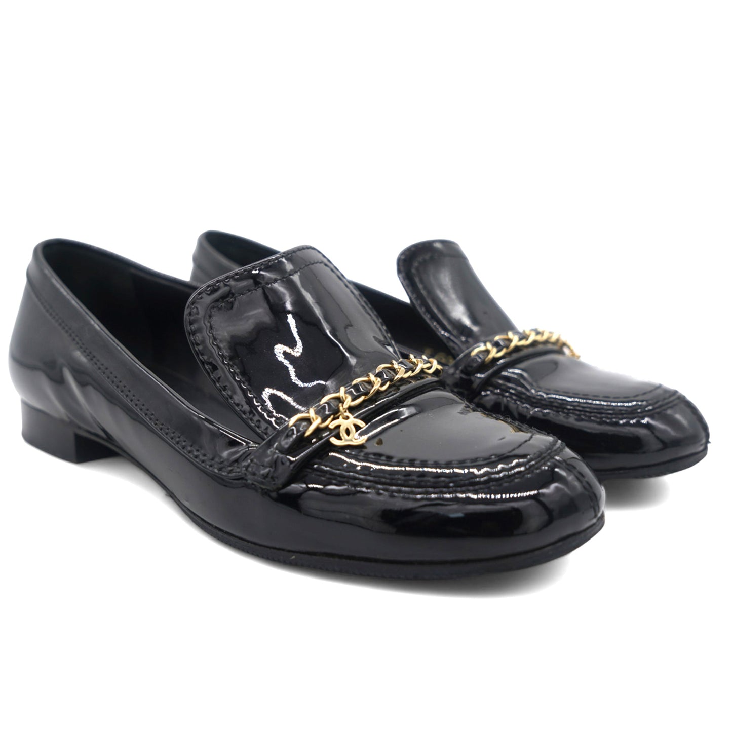 Chanel Black Leather Chain Detail Flat Loafers 37.5