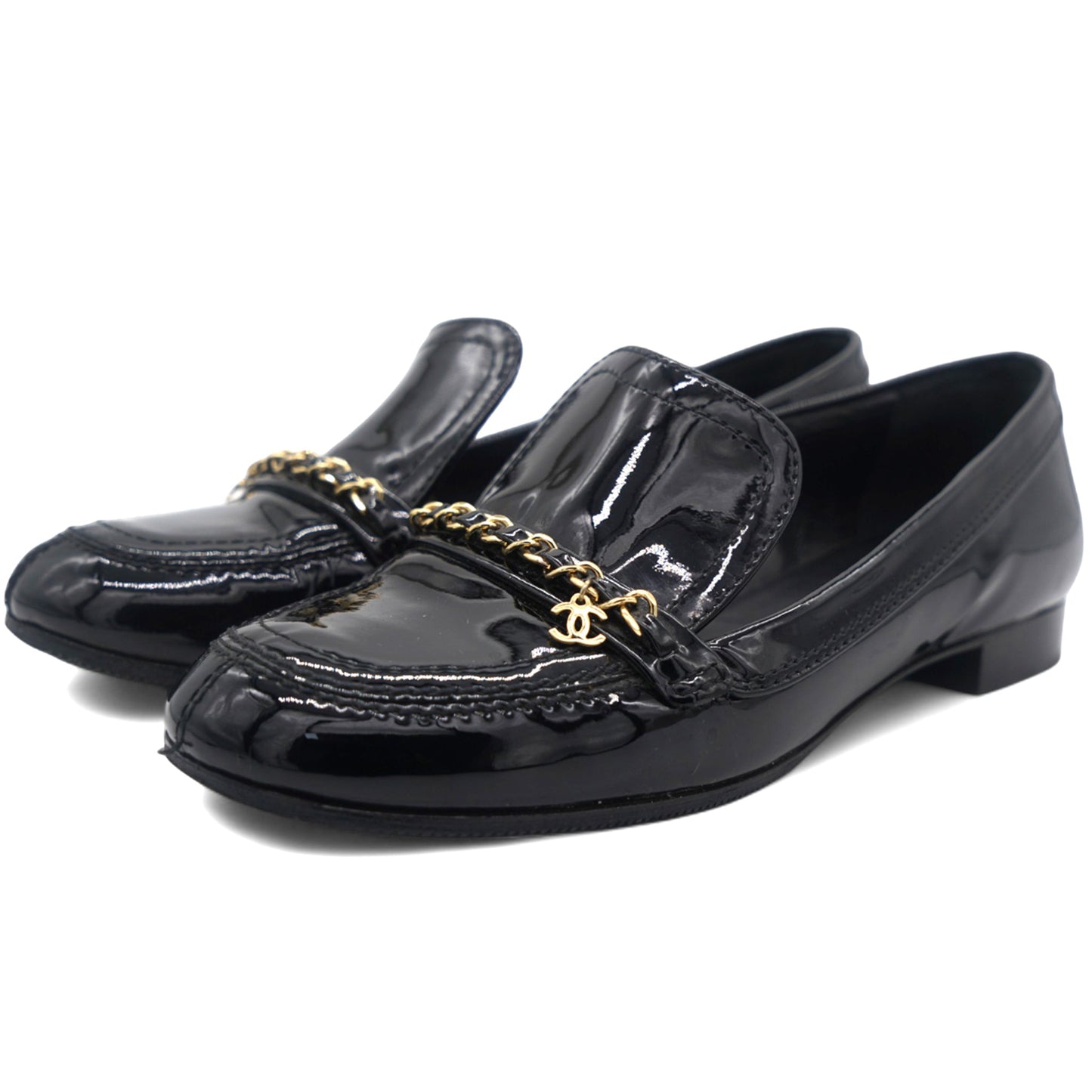 Chanel Black Leather Chain Detail Flat Loafers 37.5
