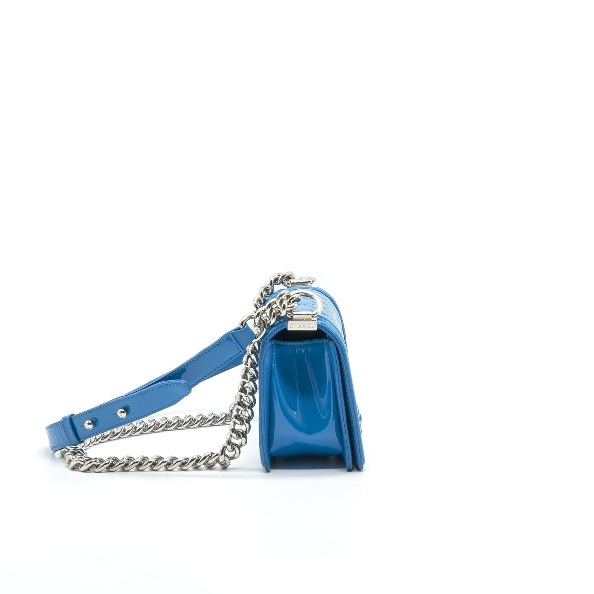 CHANEL SMALL LE BOY BAG IN PATENT LEATHER BLUE SHW