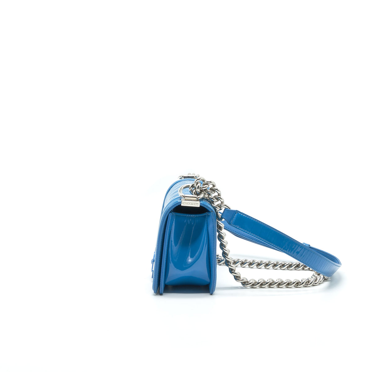 CHANEL SMALL LE BOY BAG IN PATENT LEATHER BLUE SHW