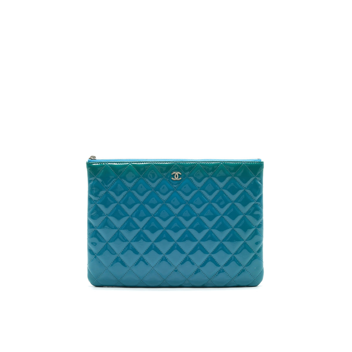 CHANEL QUILTED LEATHER CLUTCH BAG IN PATENT BLUE