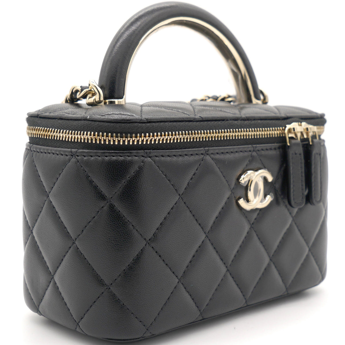 Chanel Lambskin Quilted Small Top Handle Vanity Case With Chain Black