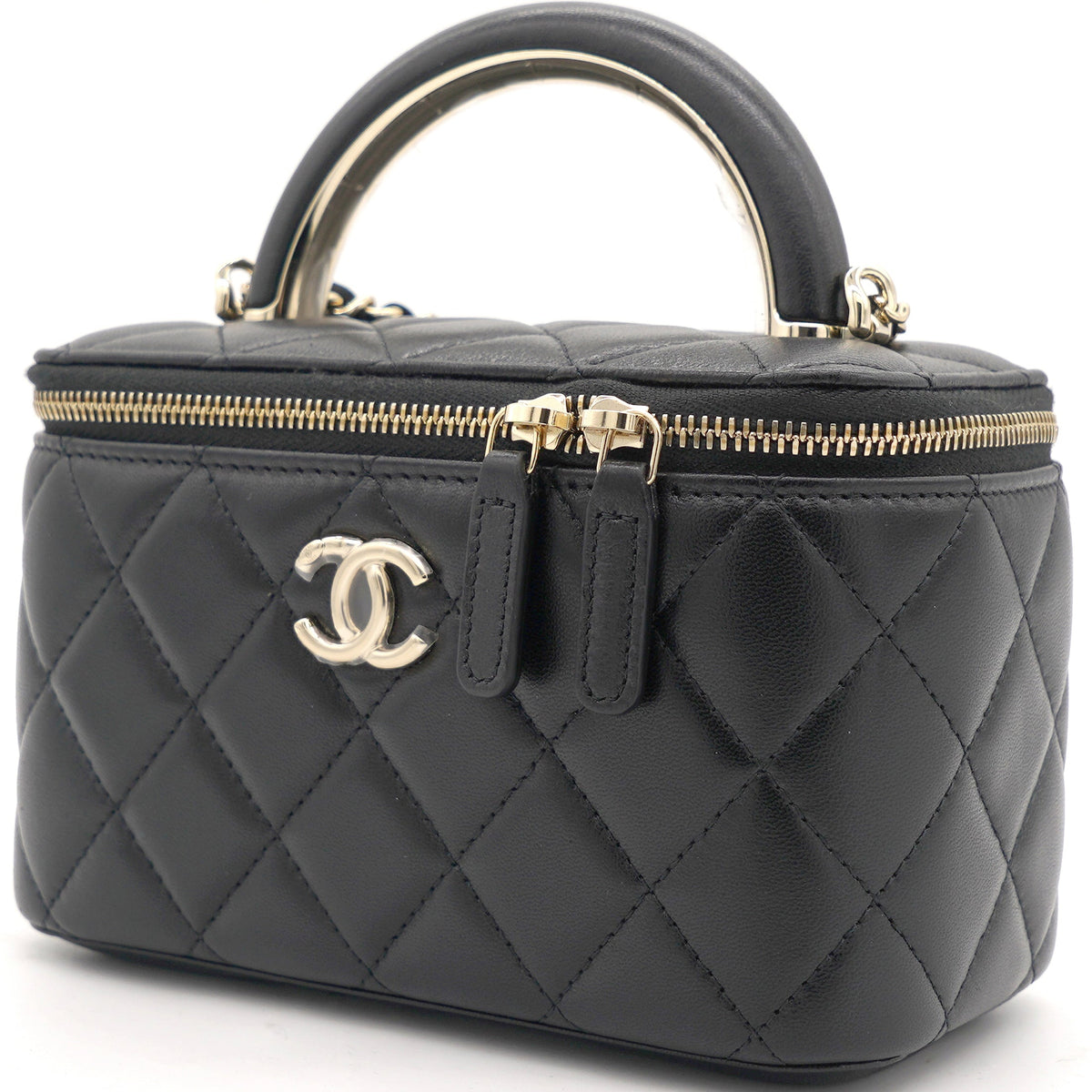 Chanel Lambskin Quilted Small Top Handle Vanity Case With Chain Black