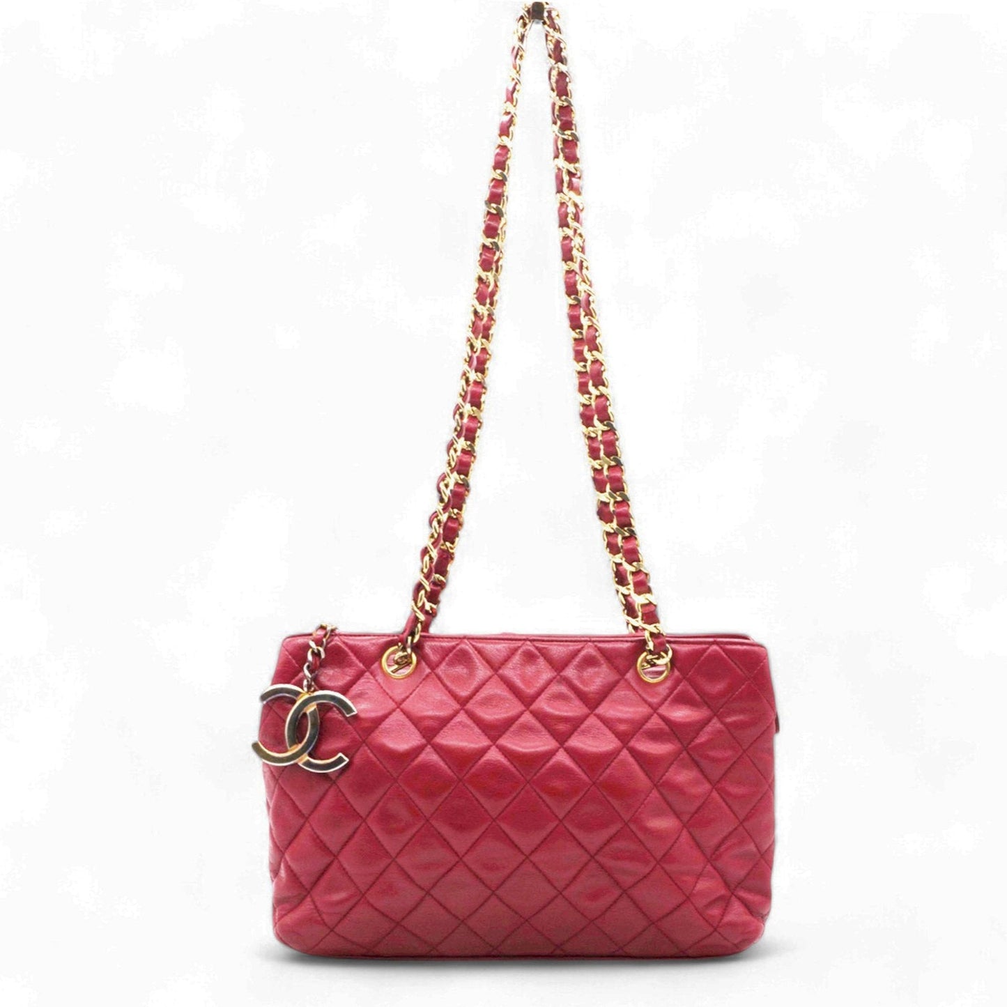 Chanel Matelasse Lambskin Chain Shoulder Bag Red Gold Metal