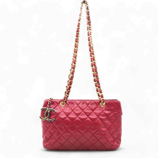 Chanel Matelasse Lambskin Chain Shoulder Bag Red Gold Metal
