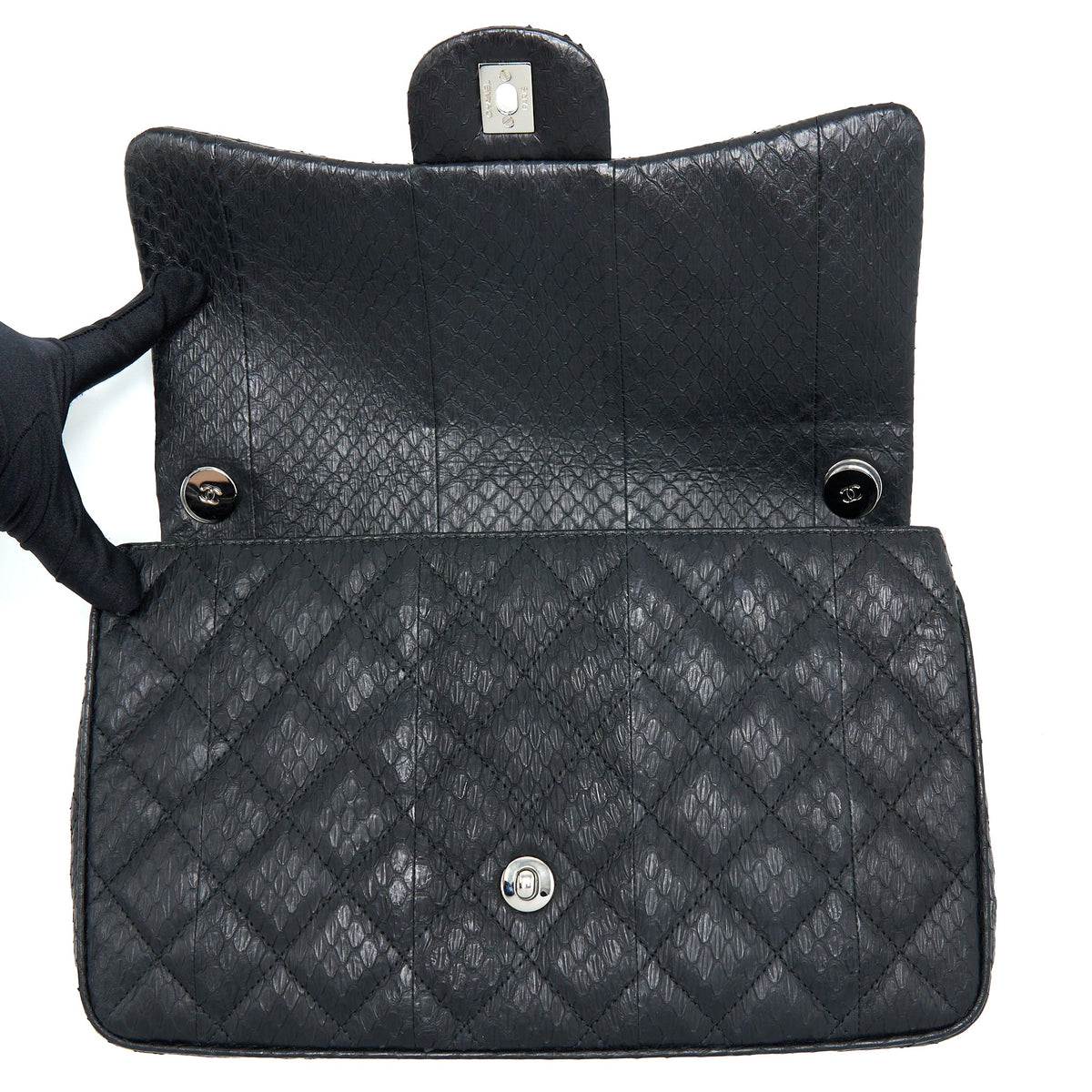 Chanel Top Handle Flap Bag Python Black SHW