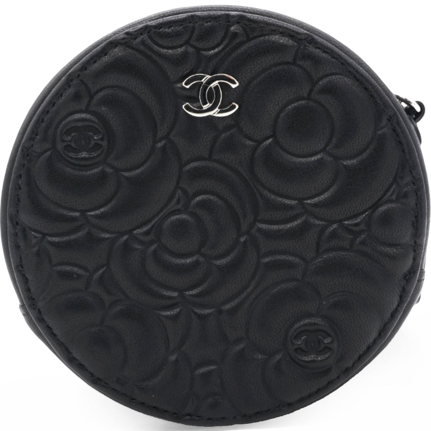 Chanel Caviar Camellia Embossed Round Clutch With Chain Black