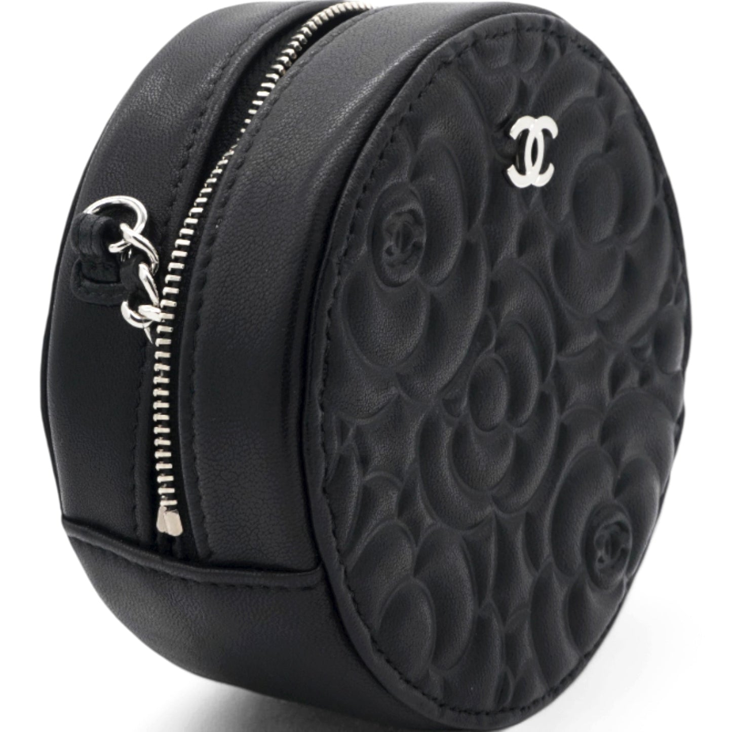 Chanel Caviar Camellia Embossed Round Clutch With Chain Black