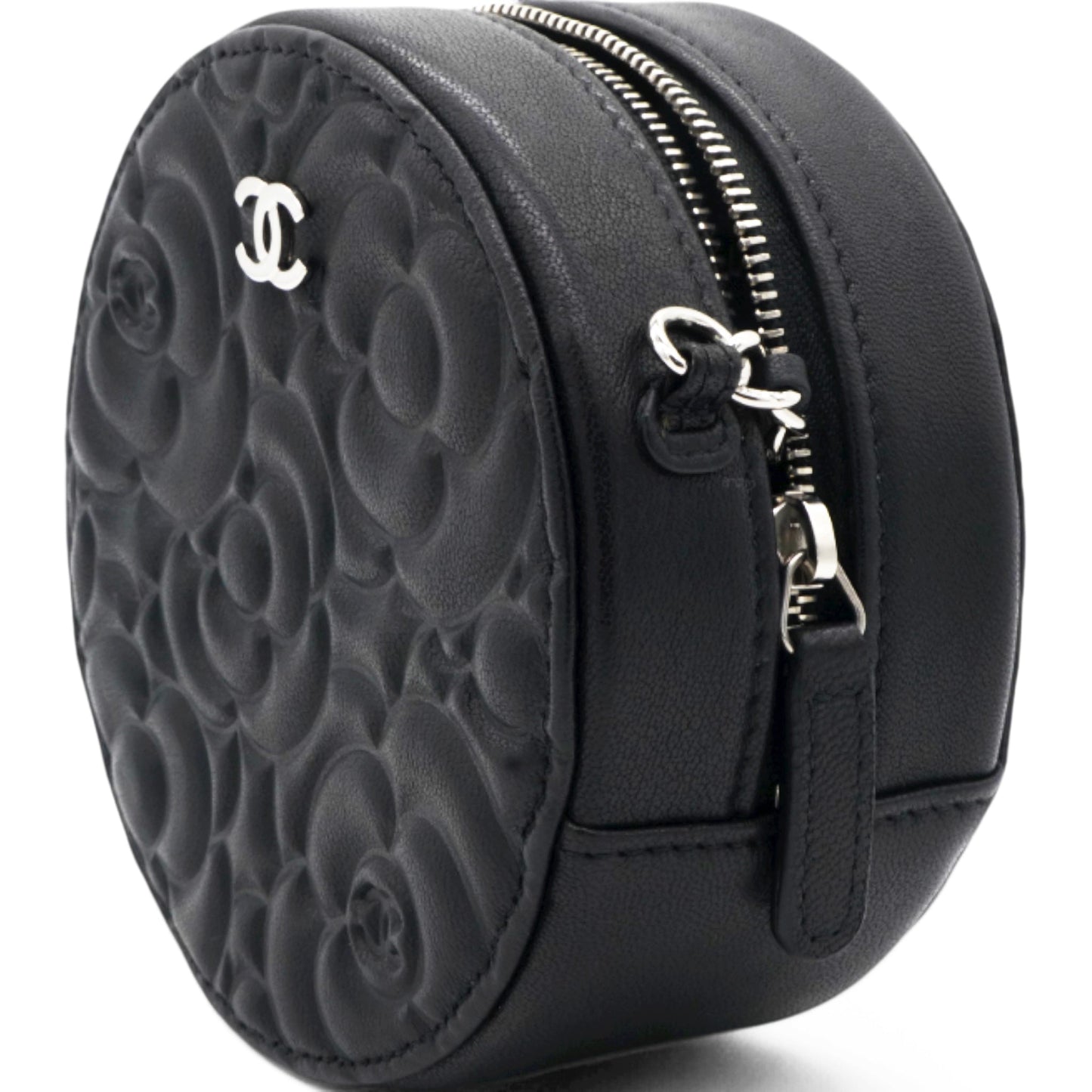 Chanel Caviar Camellia Embossed Round Clutch With Chain Black