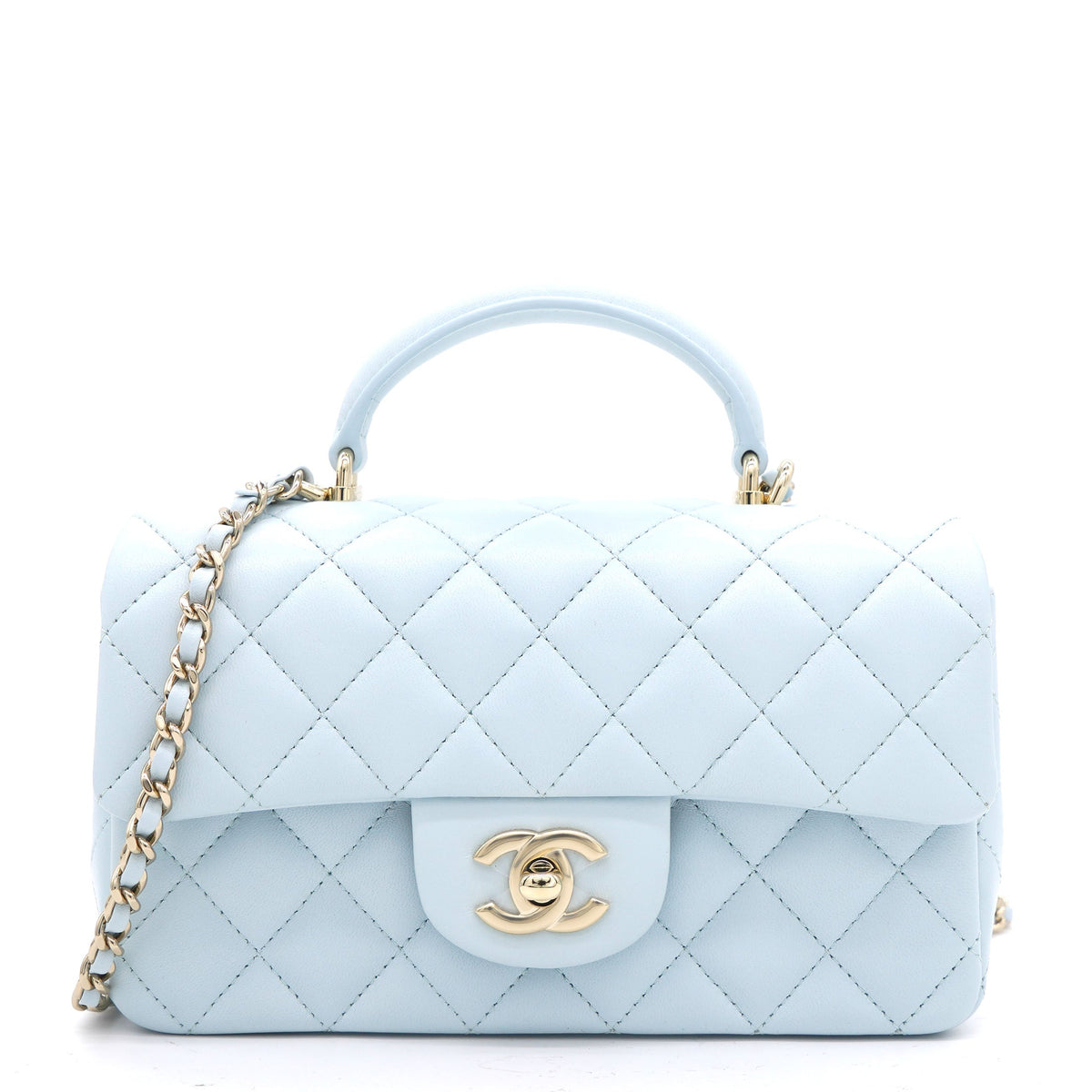Chanel Lambskin Quilted Mini Top Handle Rectangular Flap Light Blue