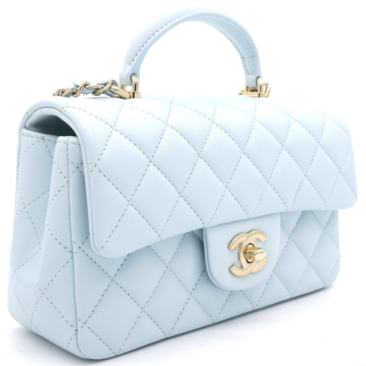 Chanel Lambskin Quilted Mini Top Handle Rectangular Flap Light Blue
