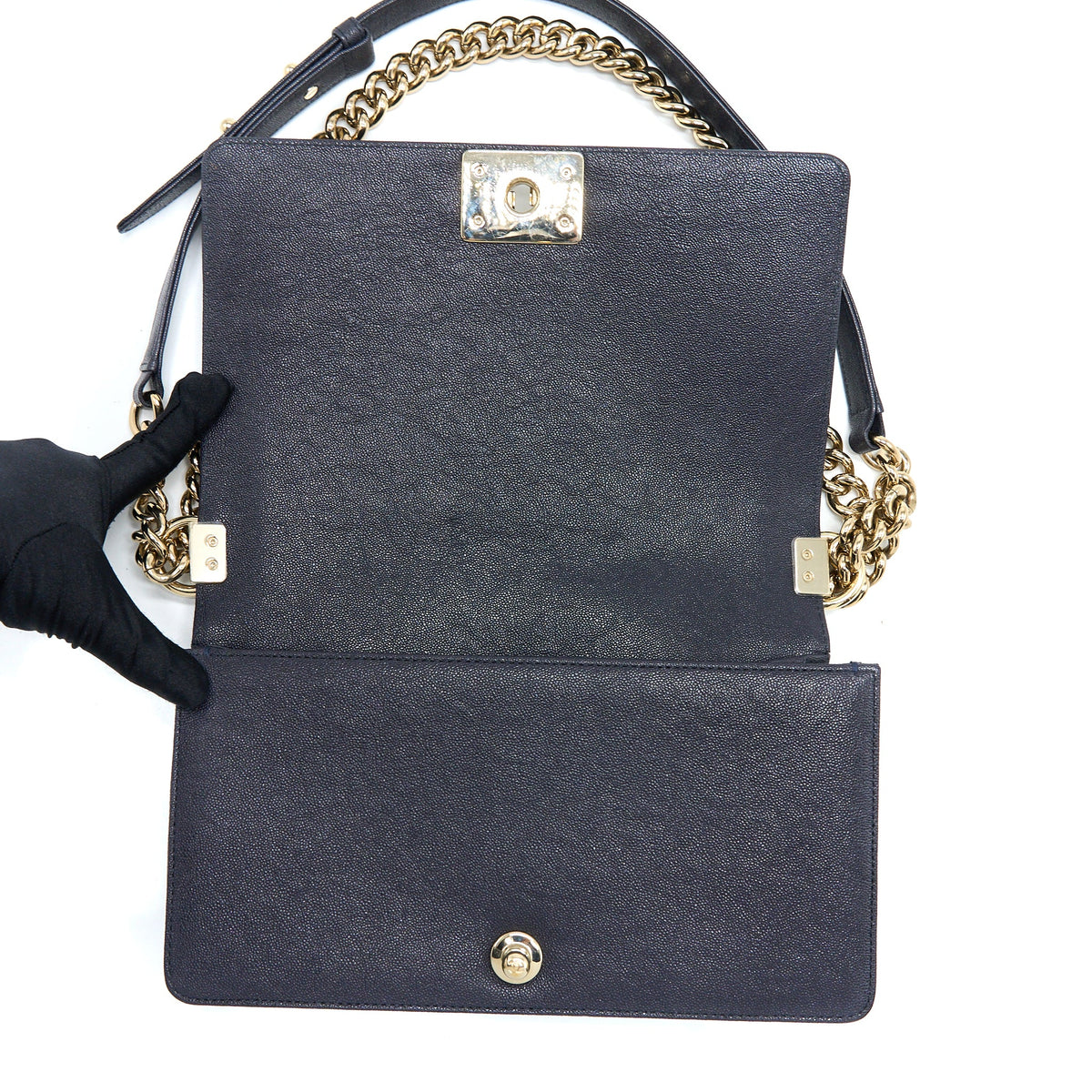 Chanel Medium Boy Bag Grained Calfskin Dark Blue LGHW