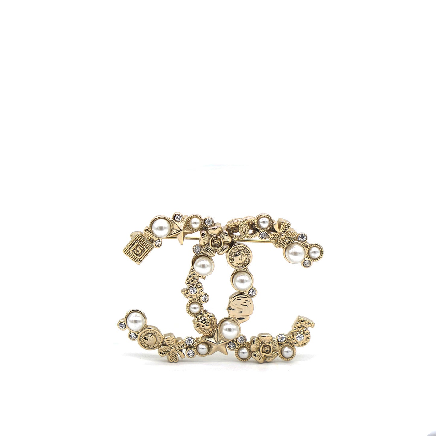 Chanel Crystal Pearl CC Charms Brooch Gold