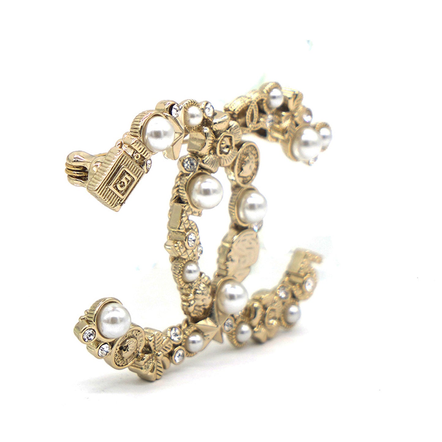 Chanel Crystal Pearl CC Charms Brooch Gold