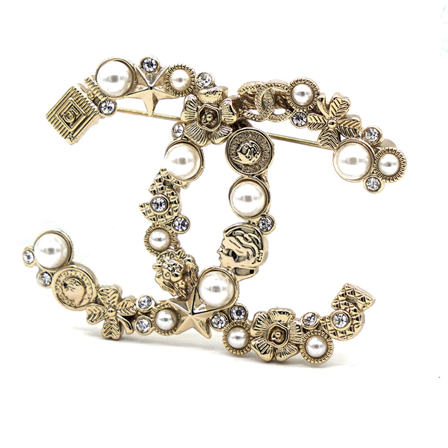 Chanel Crystal Pearl CC Charms Brooch Gold