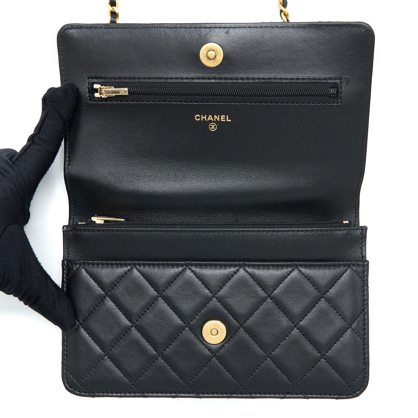 Chanel Top Handle Wallet On Chain Lambskin Black Brushed GHW (Microchip)