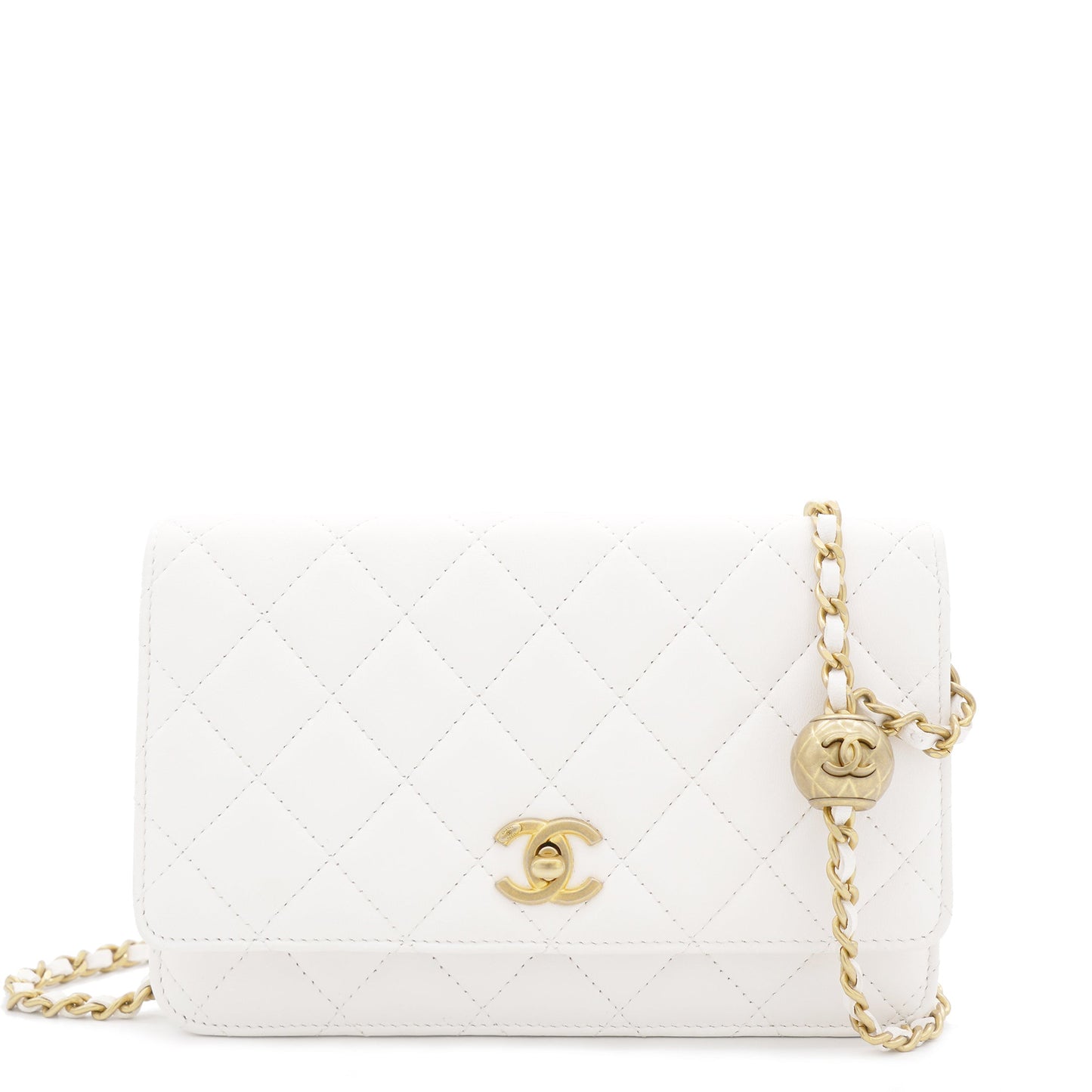 Chanel Lambskin Quilted CC Pearl Crush Wallet on Chain White