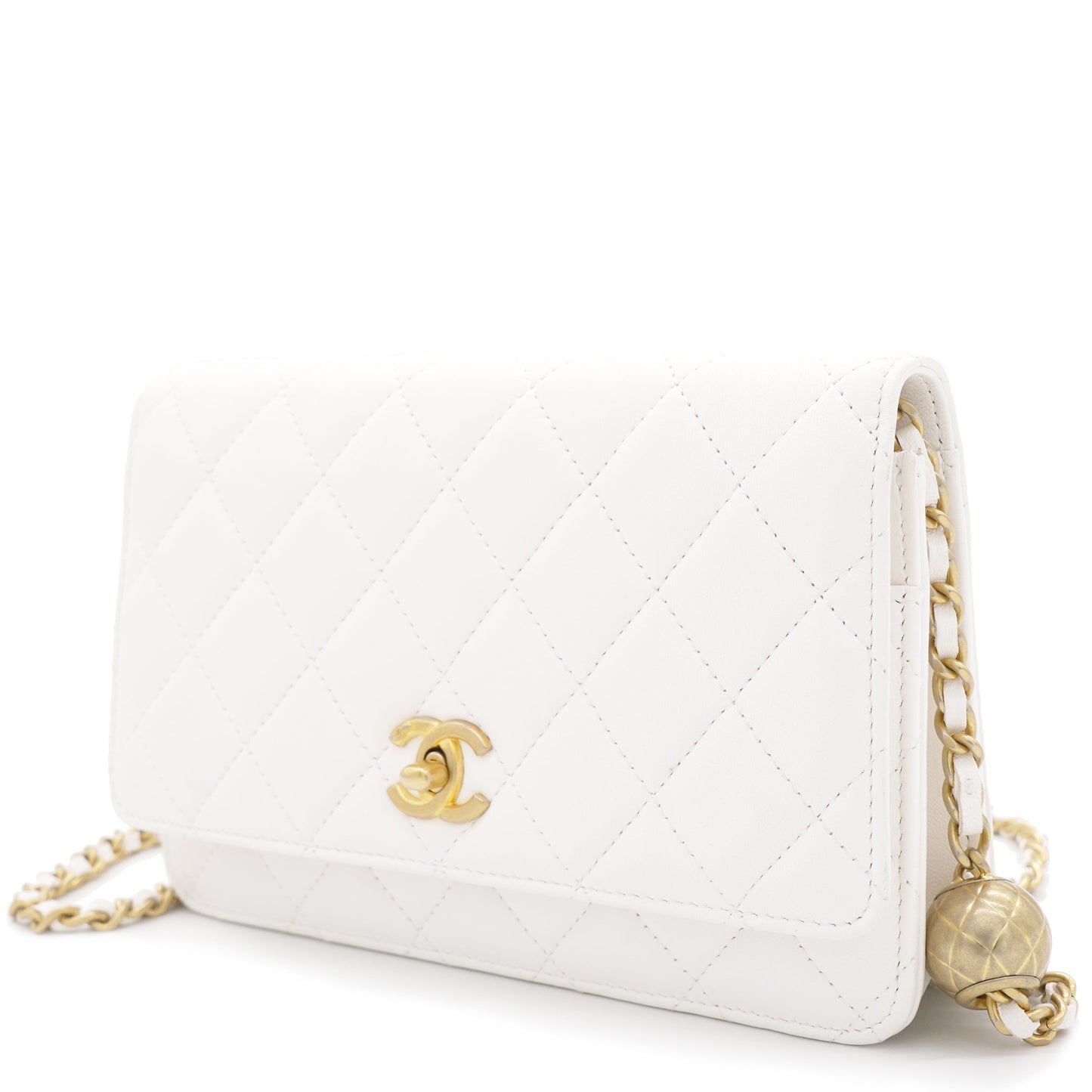 Chanel Lambskin Quilted CC Pearl Crush Wallet on Chain White