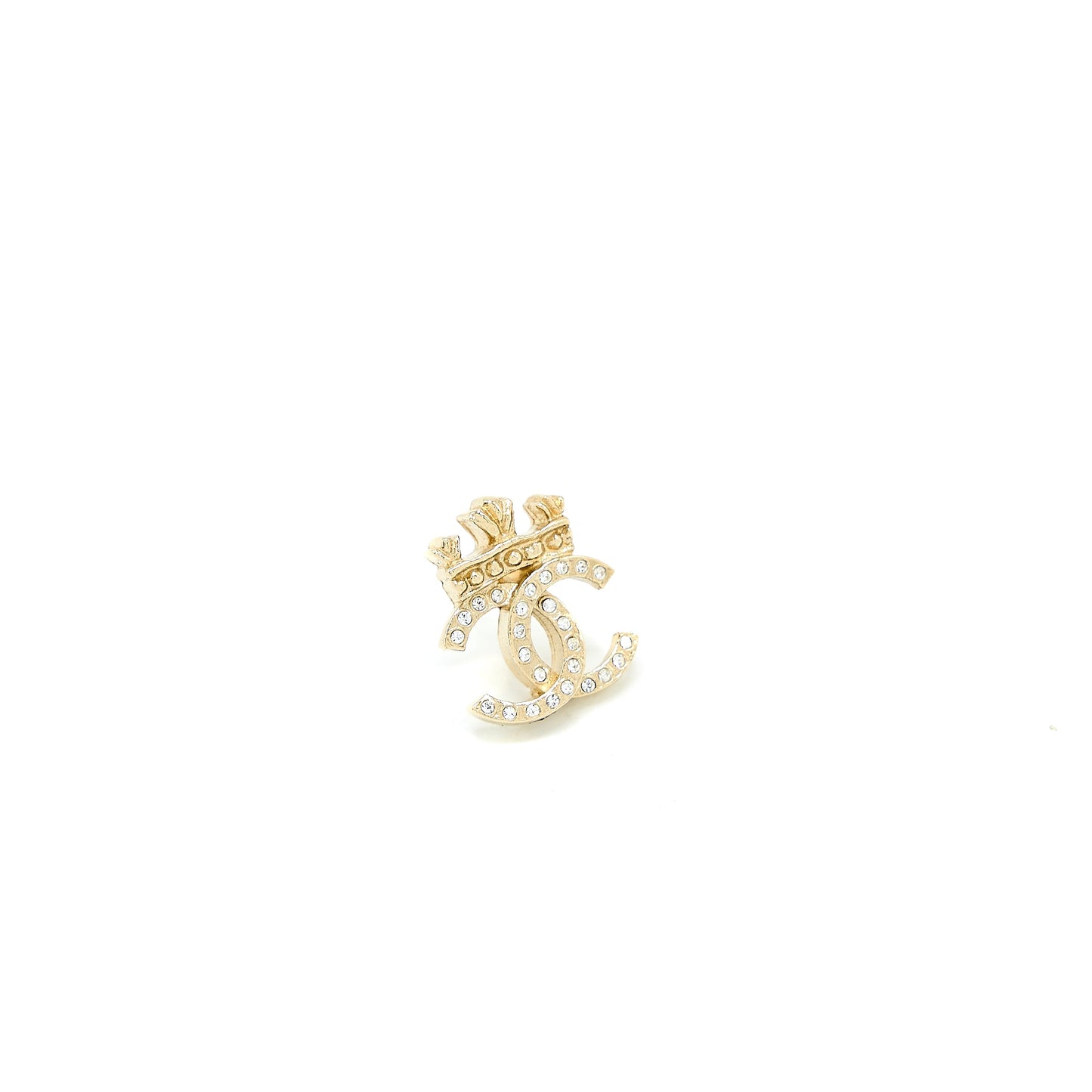 Chanel Crown CC Logo Earrings Crystal Light Gold Tone