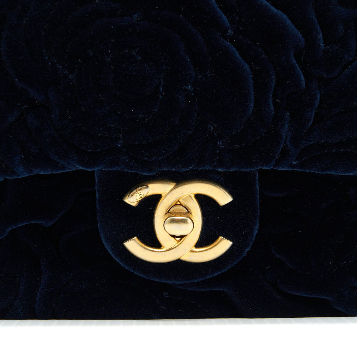 Chanel Velvet Camellia Embossed Mini Square Flap Bag Navy GHW (Microchip)