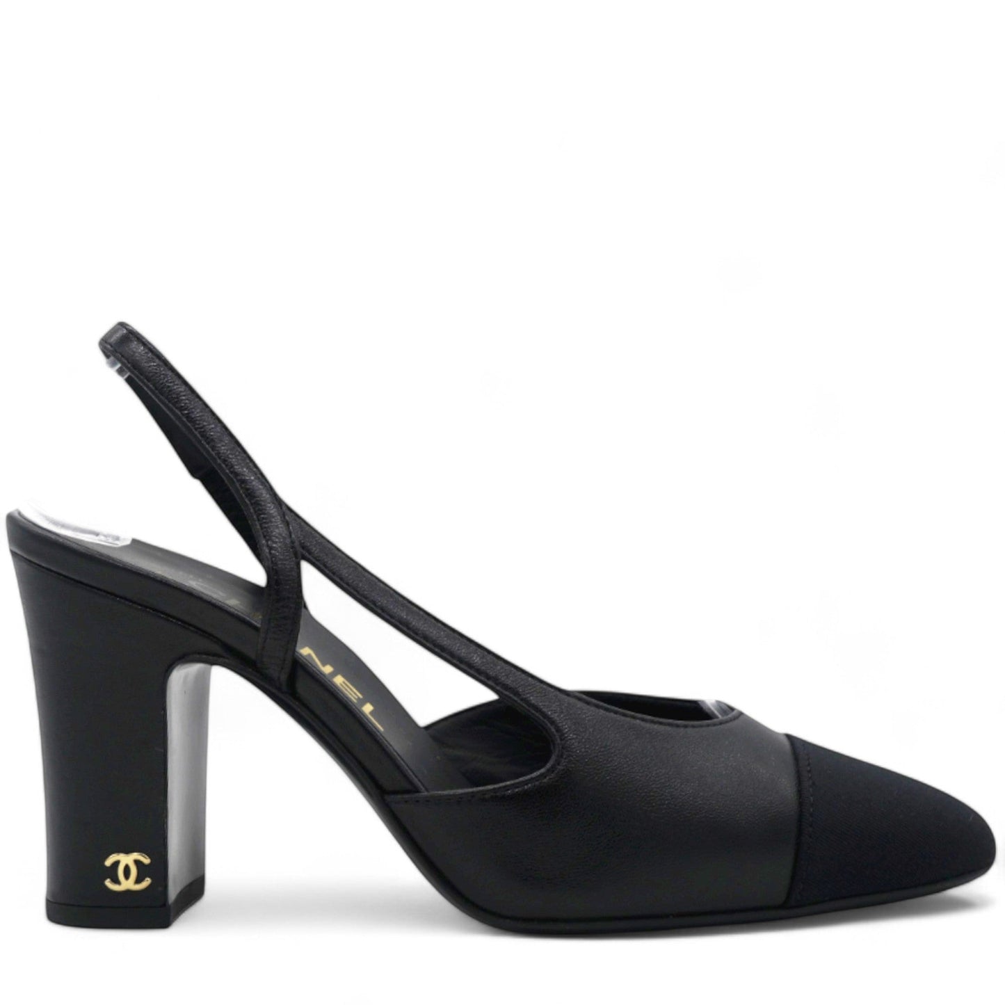 Chanel Goatskin Grosgrain Cap Toe CC Slingback Sandals Black Size 35.5