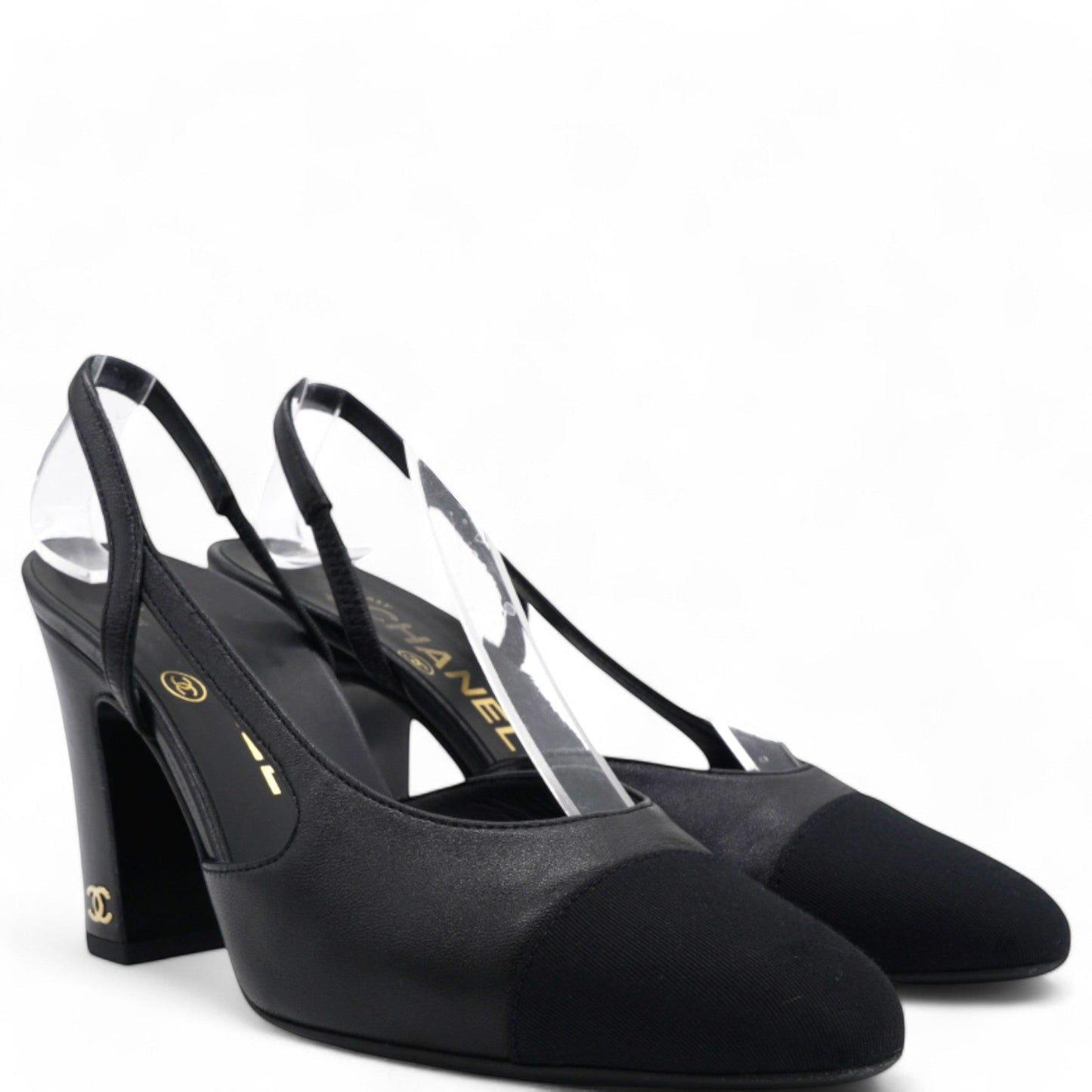 Chanel Goatskin Grosgrain Cap Toe CC Slingback Sandals Black Size 35.5