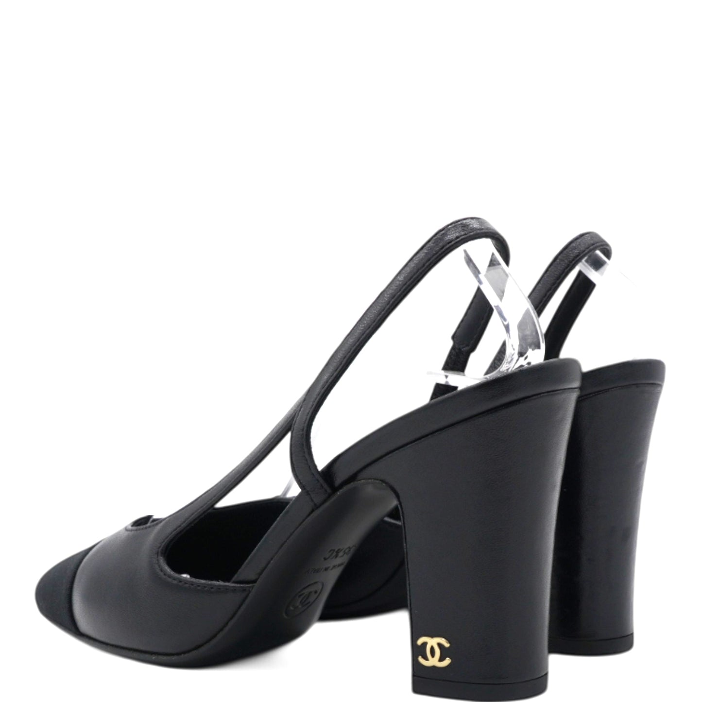 Chanel Goatskin Grosgrain Cap Toe CC Slingback Sandals Black Size 35.5
