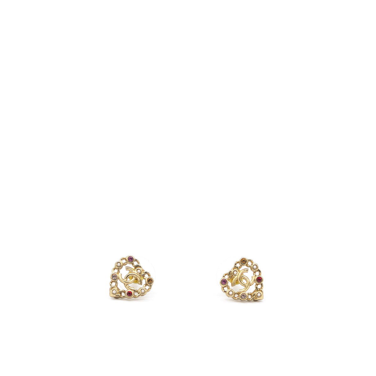 Chanel Pearl Crystal CC Heart Earrings Gold Multicolor