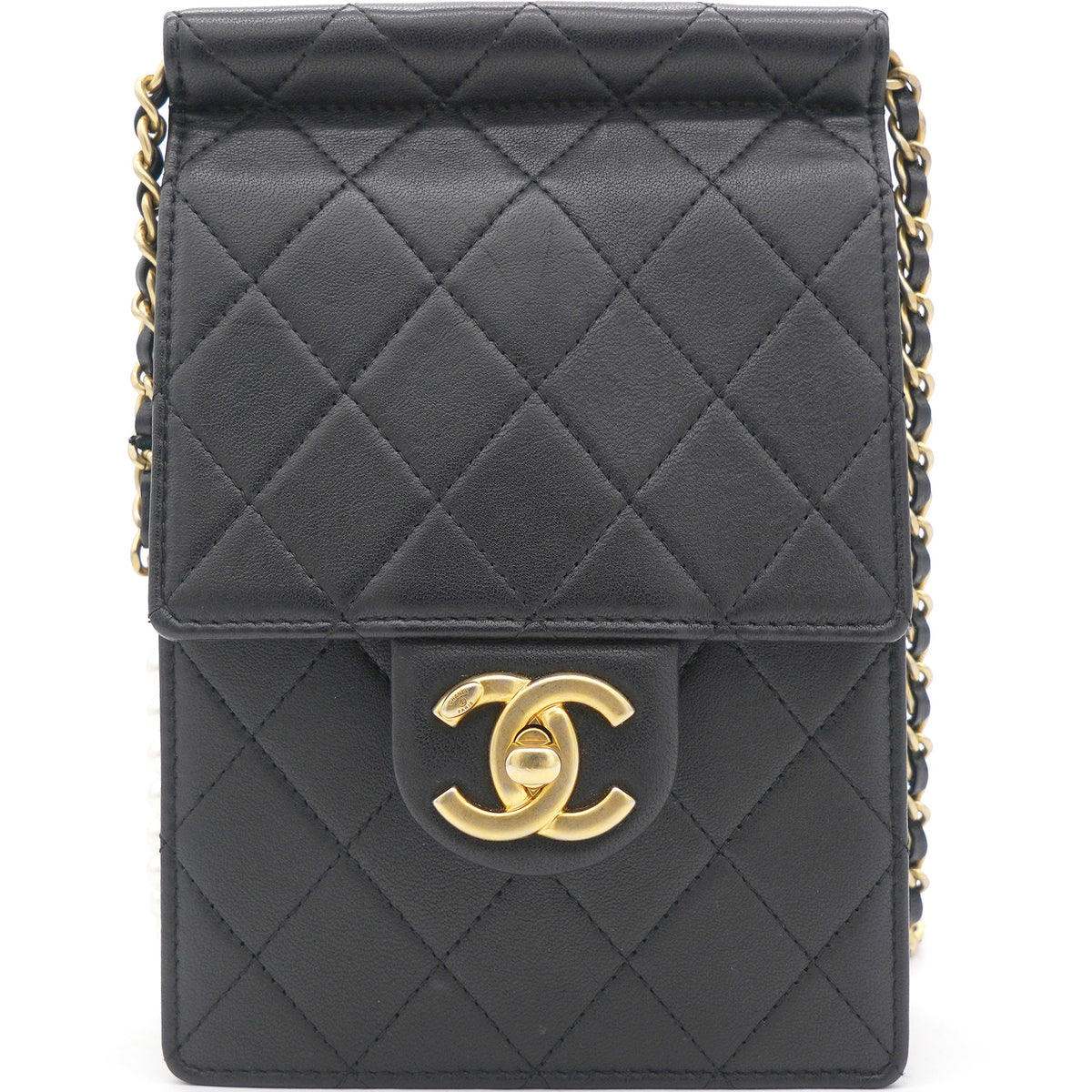 Chanel Vertical Pearls Clutch with Chic Pearl Chain In Black and Gold Hardware GHW