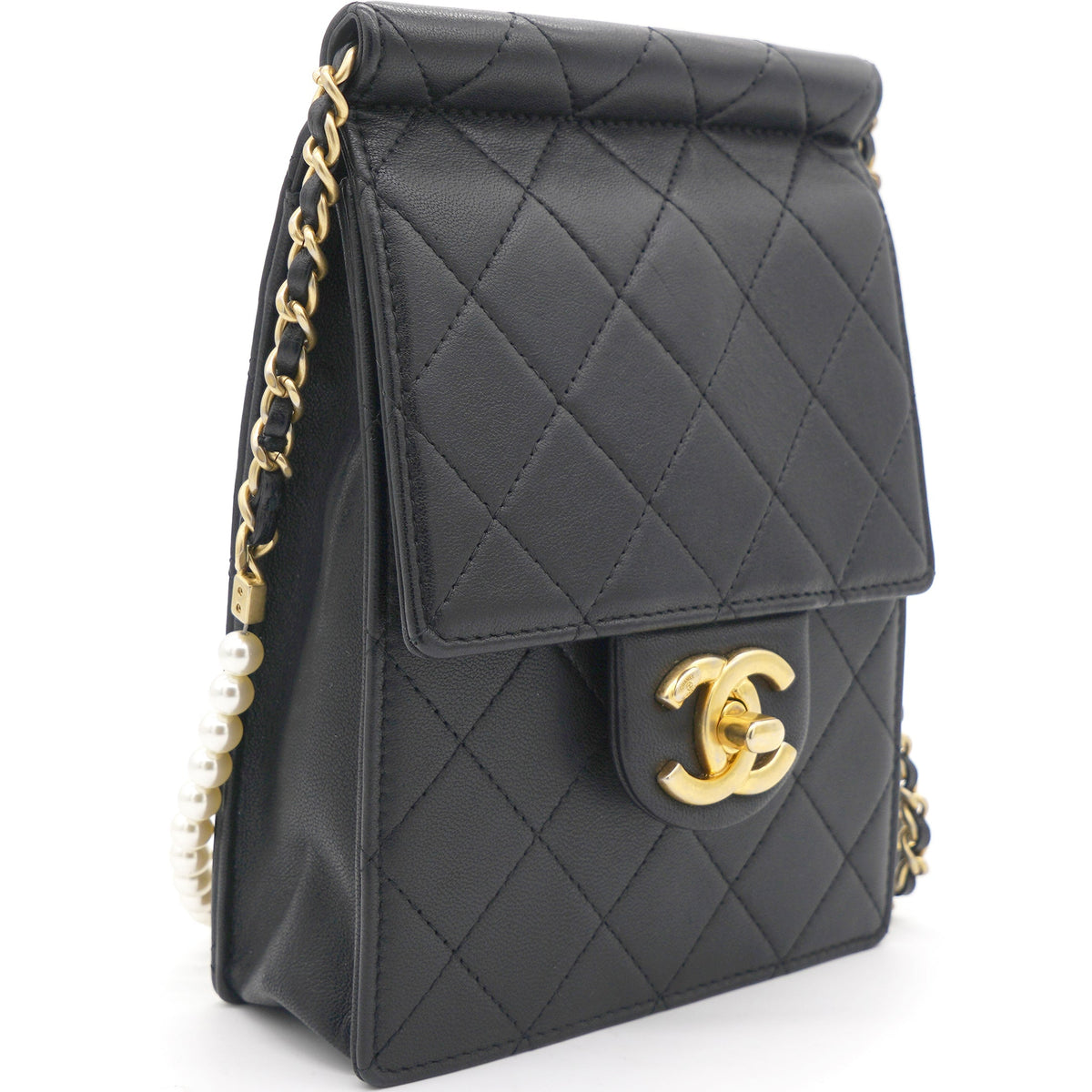 Chanel Vertical Pearls Clutch with Chic Pearl Chain In Black and Gold Hardware GHW