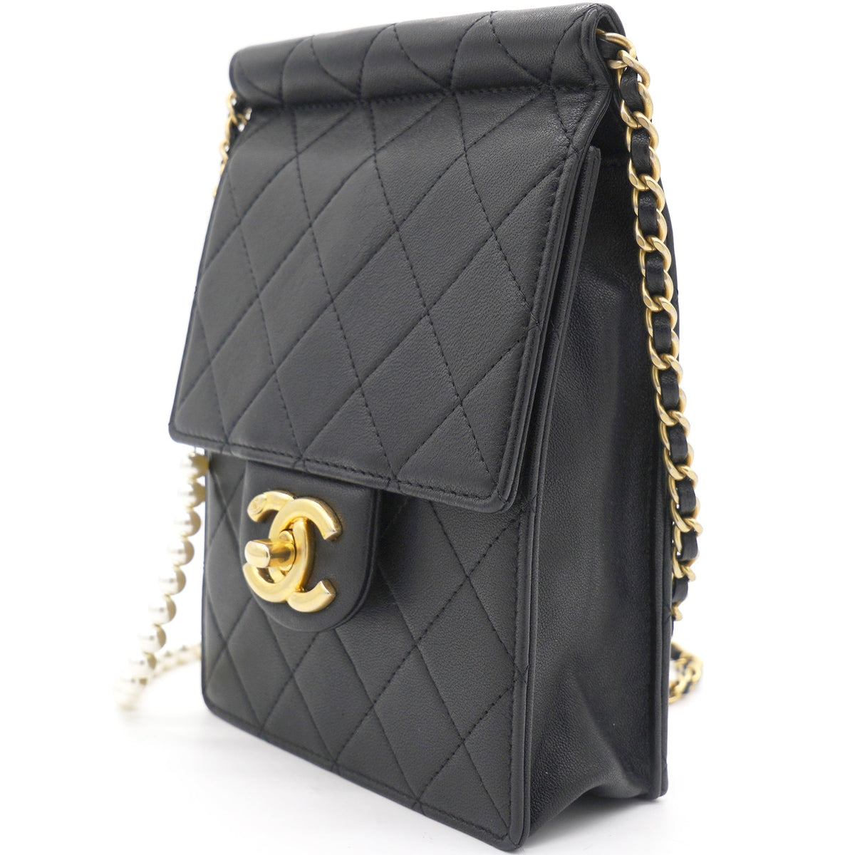 Chanel Vertical Pearls Clutch with Chic Pearl Chain In Black and Gold Hardware GHW