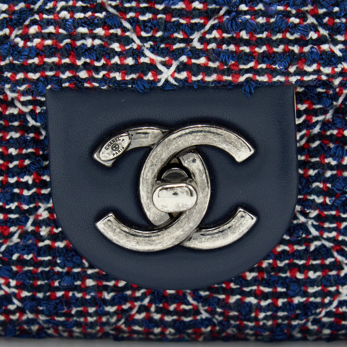 Chanel Seasonal Mini Rectangular Flap Bag Tweed Blue/ Red/ White Ruthenium Hardware