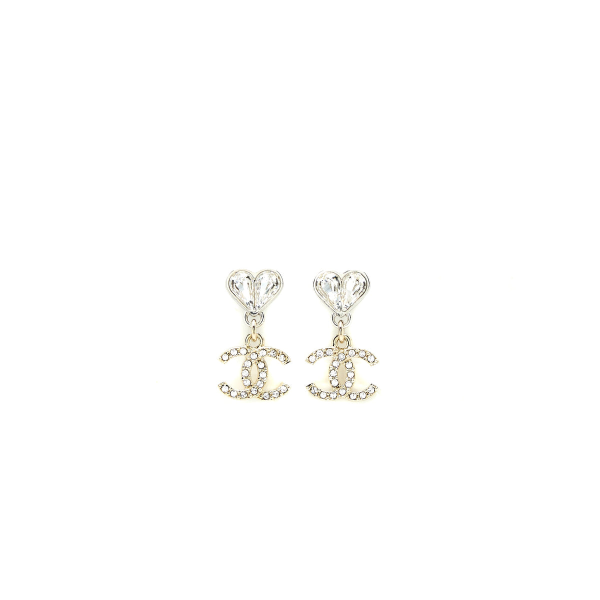 Chanel Heart & CC Drop Earrings Crystal Silver Tone