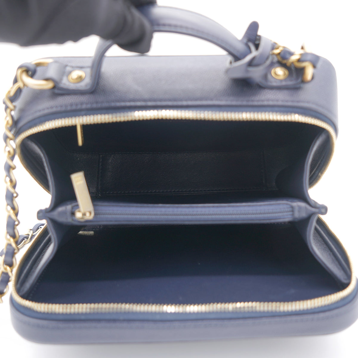 Chanel Navy Quilted Caviar Leather Medium CC Filigree Vanity Case Bag