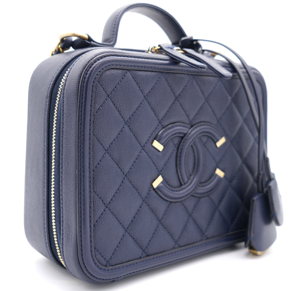Chanel Navy Quilted Caviar Leather Medium CC Filigree Vanity Case Bag