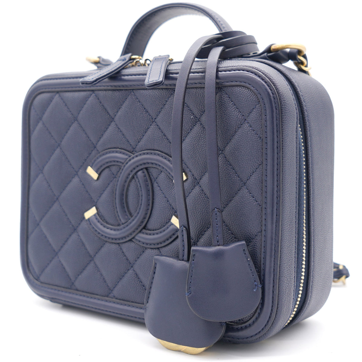 Chanel Navy Quilted Caviar Leather Medium CC Filigree Vanity Case Bag