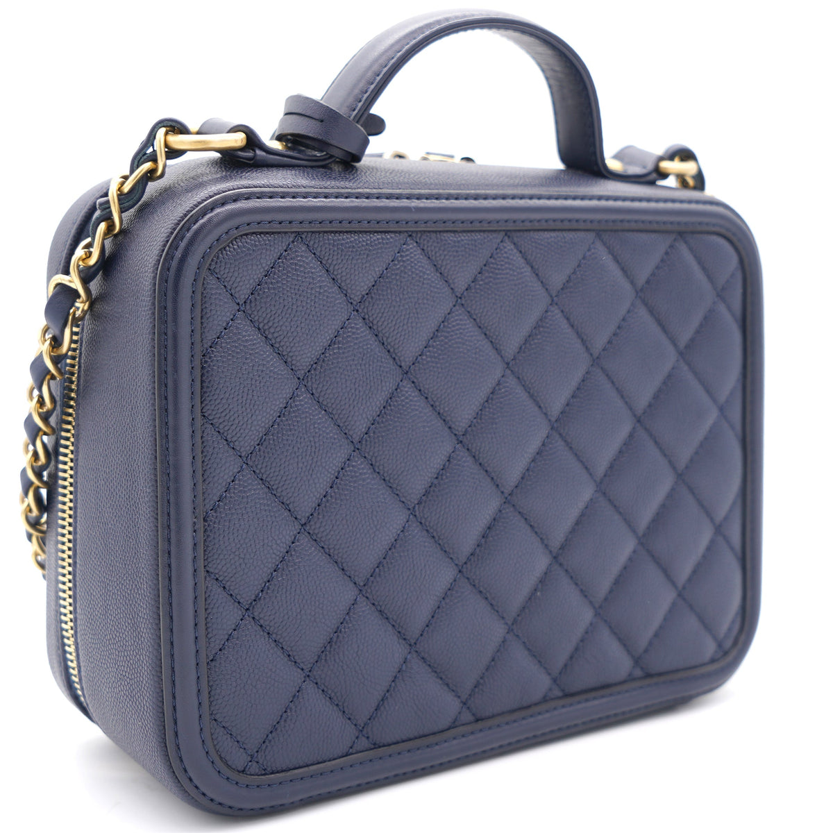 Chanel Navy Quilted Caviar Leather Medium CC Filigree Vanity Case Bag