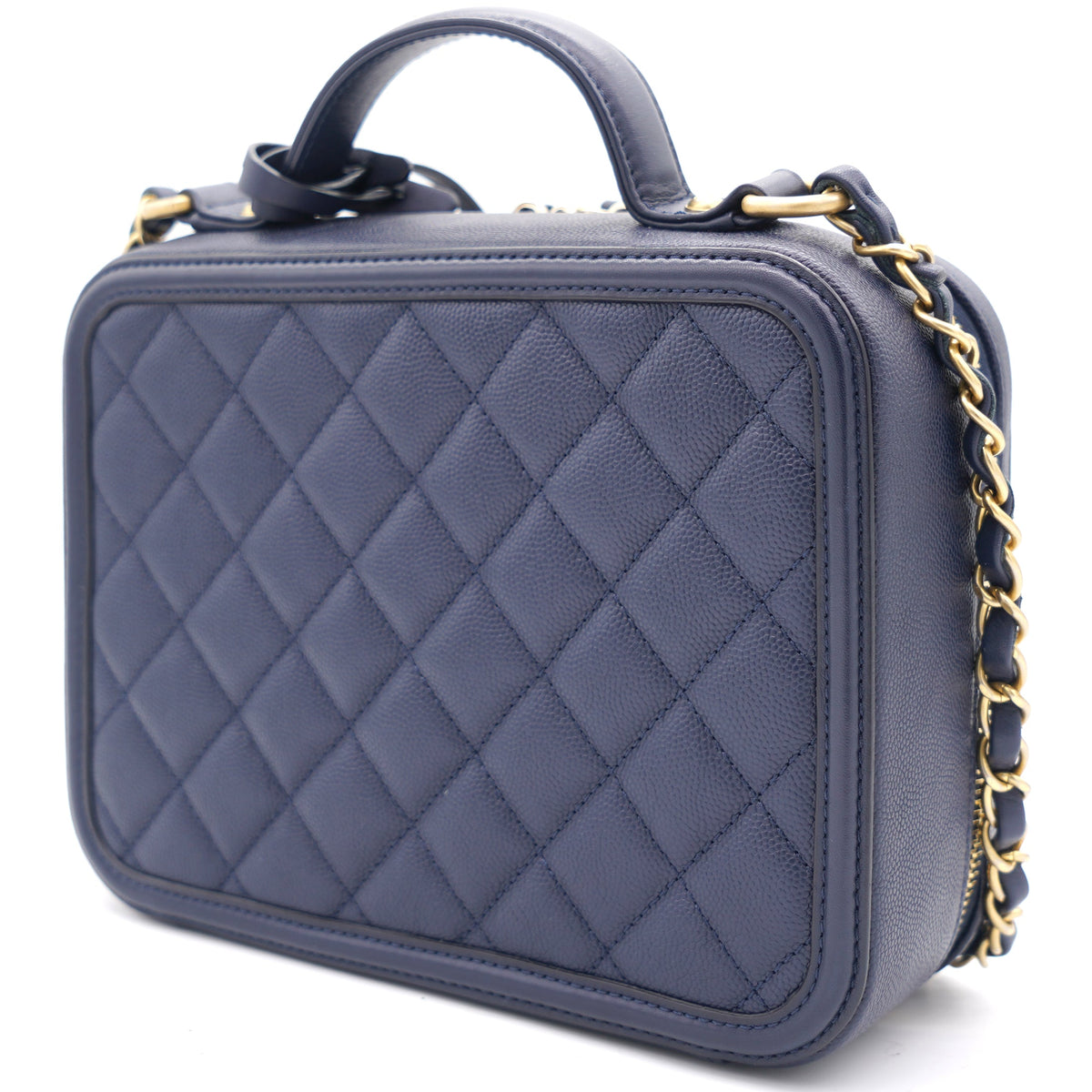 Chanel Navy Quilted Caviar Leather Medium CC Filigree Vanity Case Bag