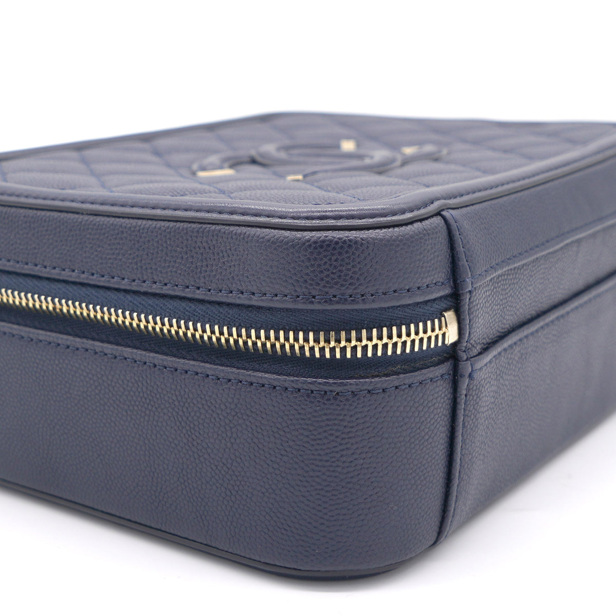 Chanel Navy Quilted Caviar Leather Medium CC Filigree Vanity Case Bag
