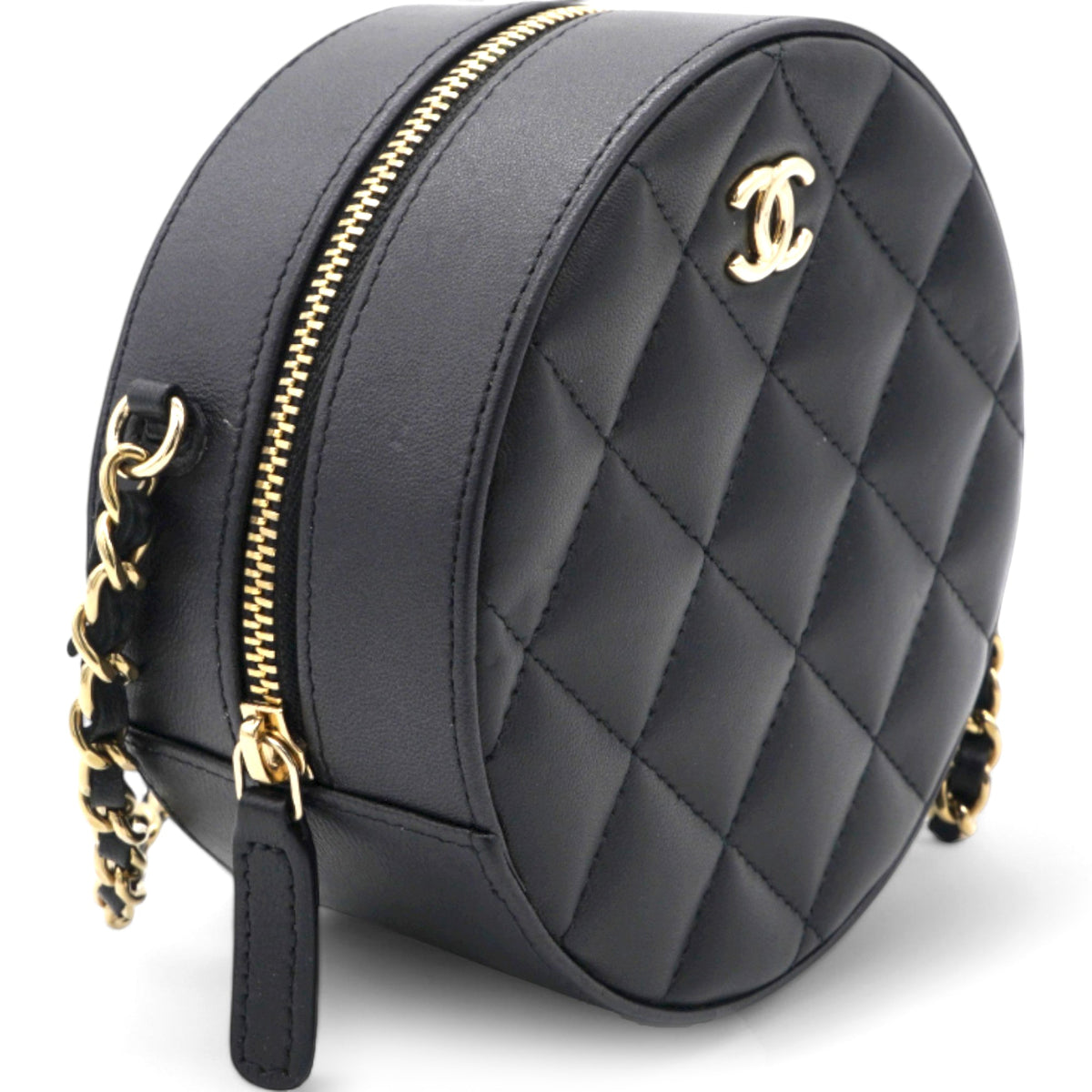 Chanel Mini Round Purse Vanity Lambskin Leather Black Bow Knot