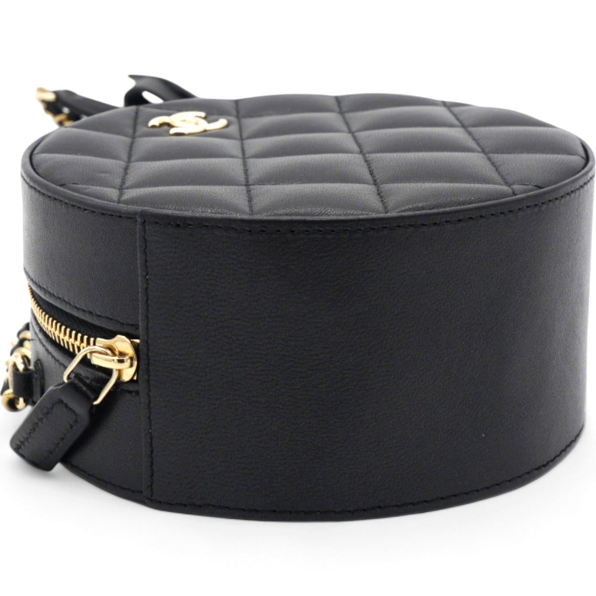 Chanel Mini Round Purse Vanity Lambskin Leather Black Bow Knot
