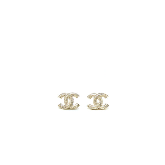 Chanel 22K Small CC Logo Earrings Light Gold Tone