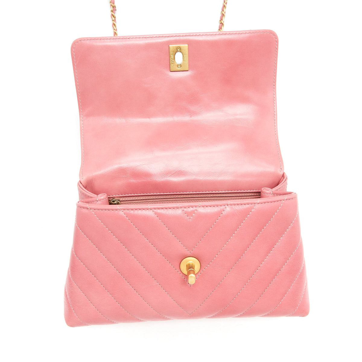 Chanel Small Coco Handle Chevron Calfskin With Lizard Handle Pink GHW