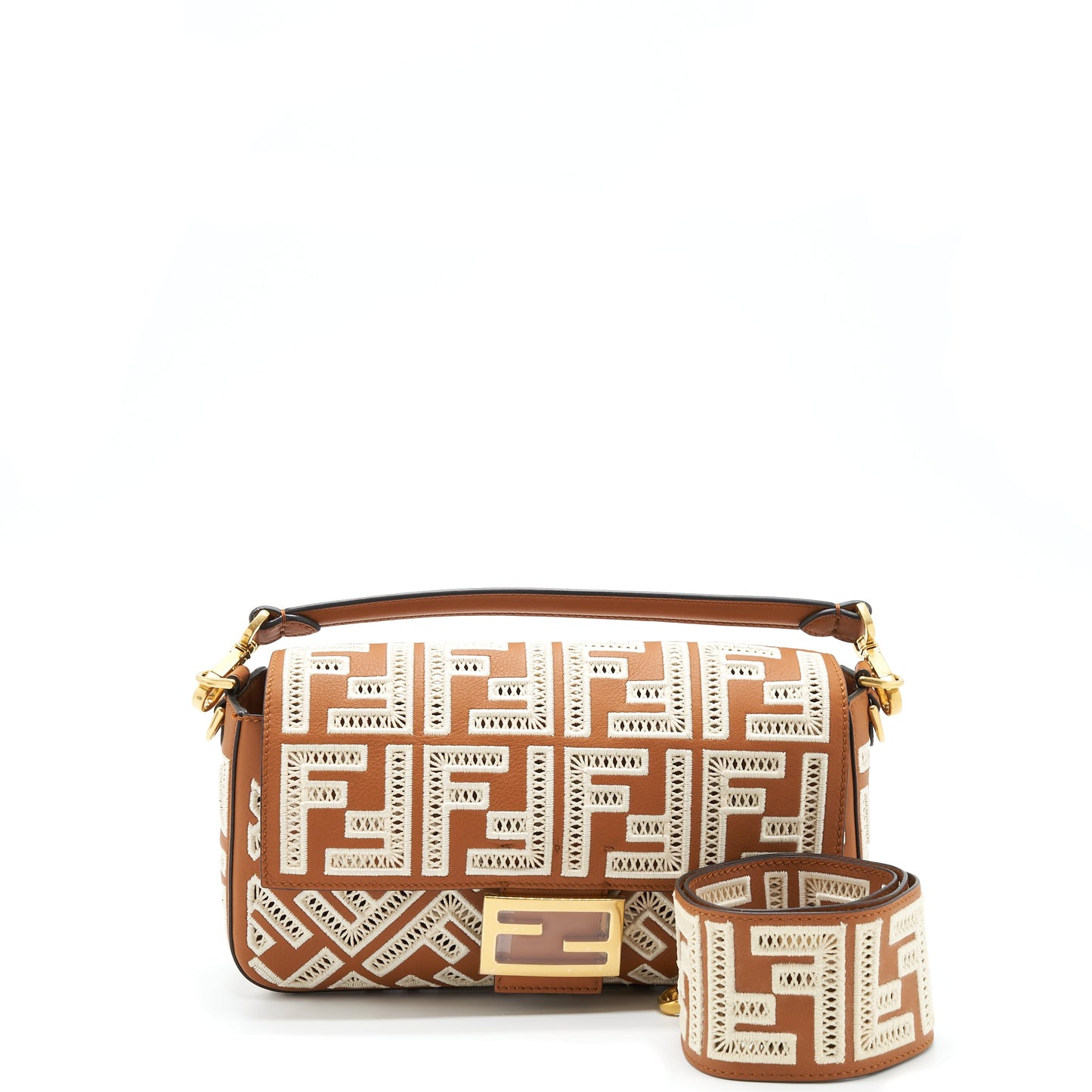 Fendi Baguette Calfskin Brown And White GHW
