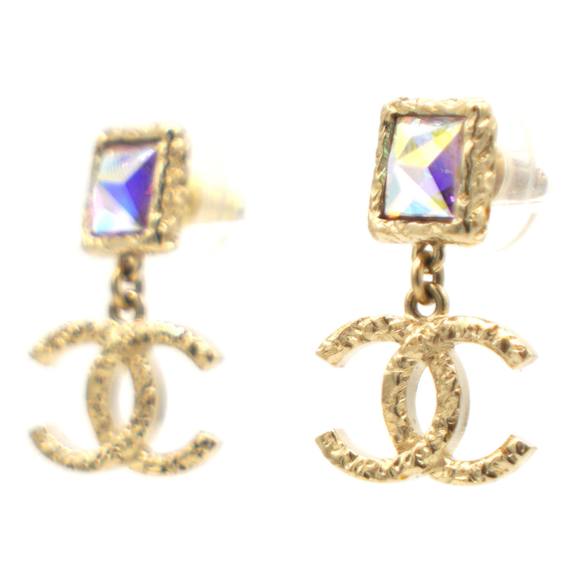 Chanel Iridescent Baguette Crystal CC Drop Earrings Gold