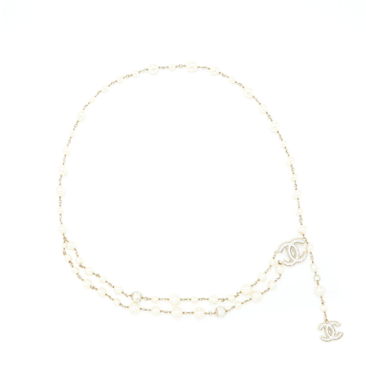 Chanel Pearl Waist Chain Belt With CC Logo Drop Light Gold Tone